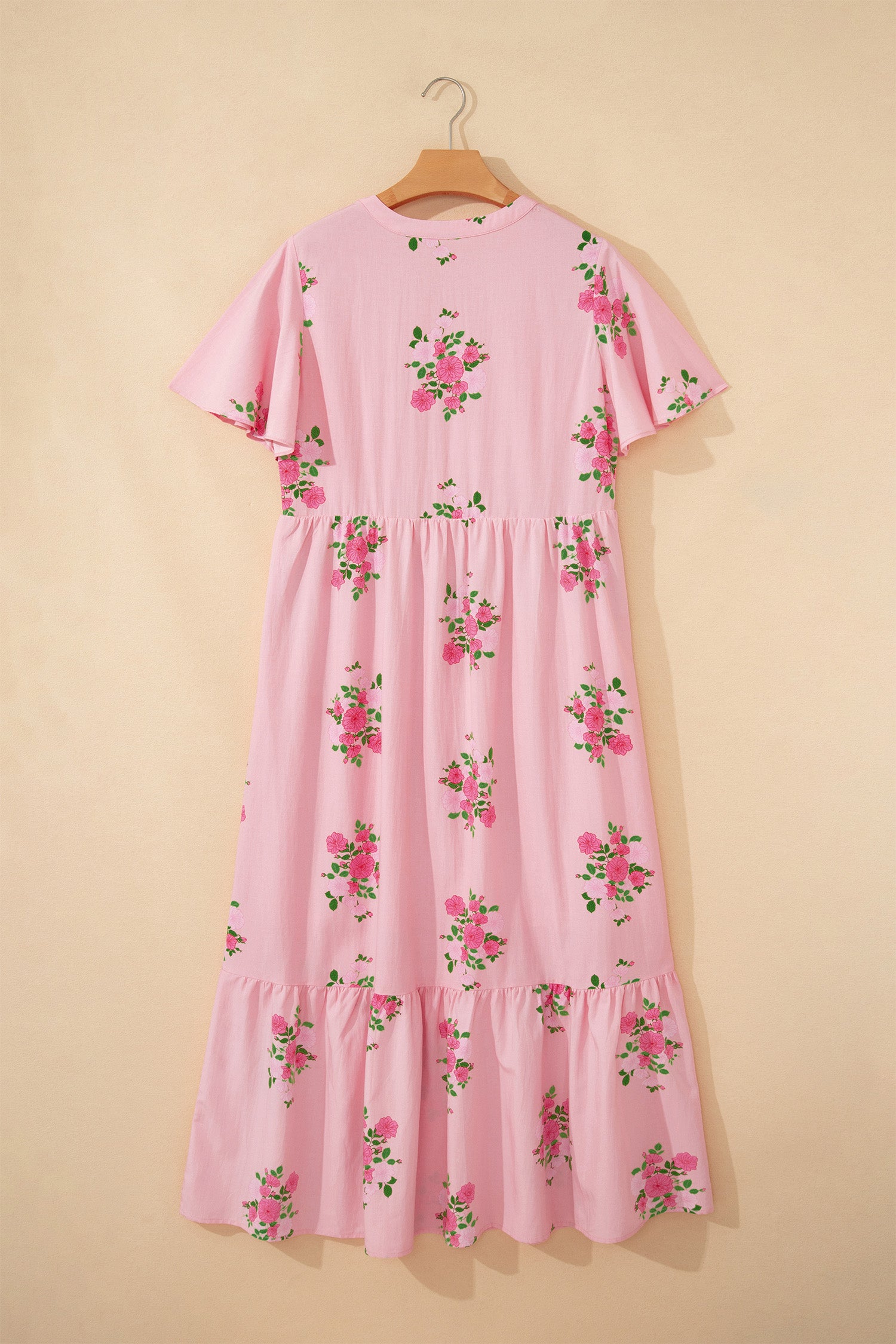 Pink Notched Neck Flutter Short Sleeve Floral Print Maxi Dress