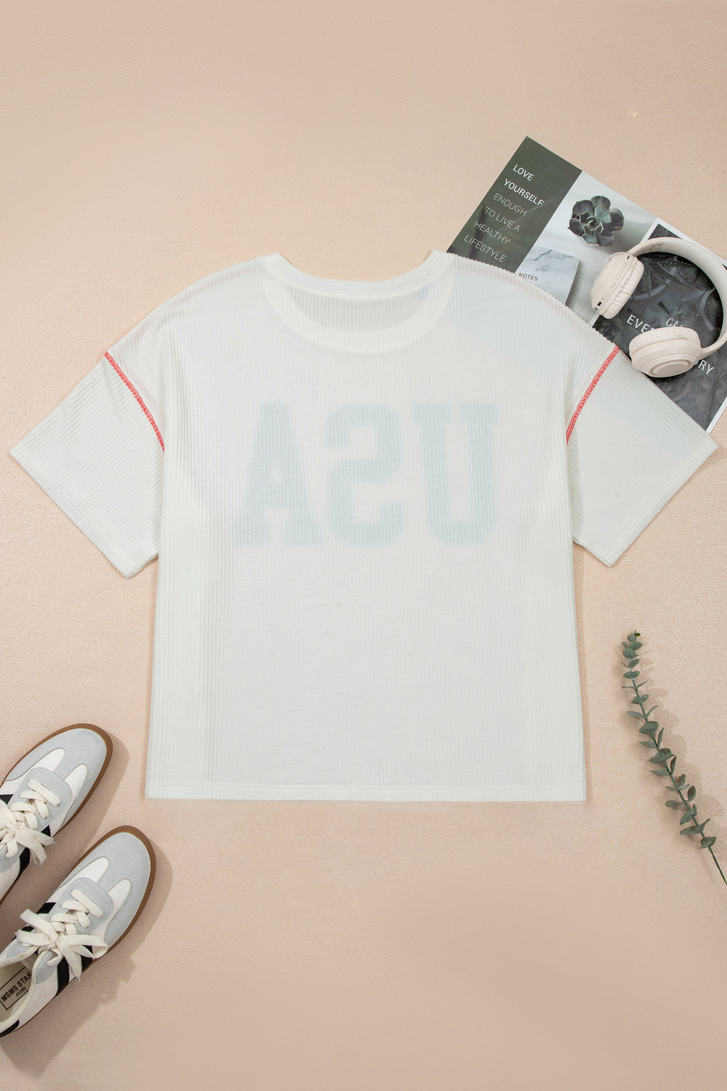 White Plus Size Twisted Rib Vintage USA Letter Printed T Shirt