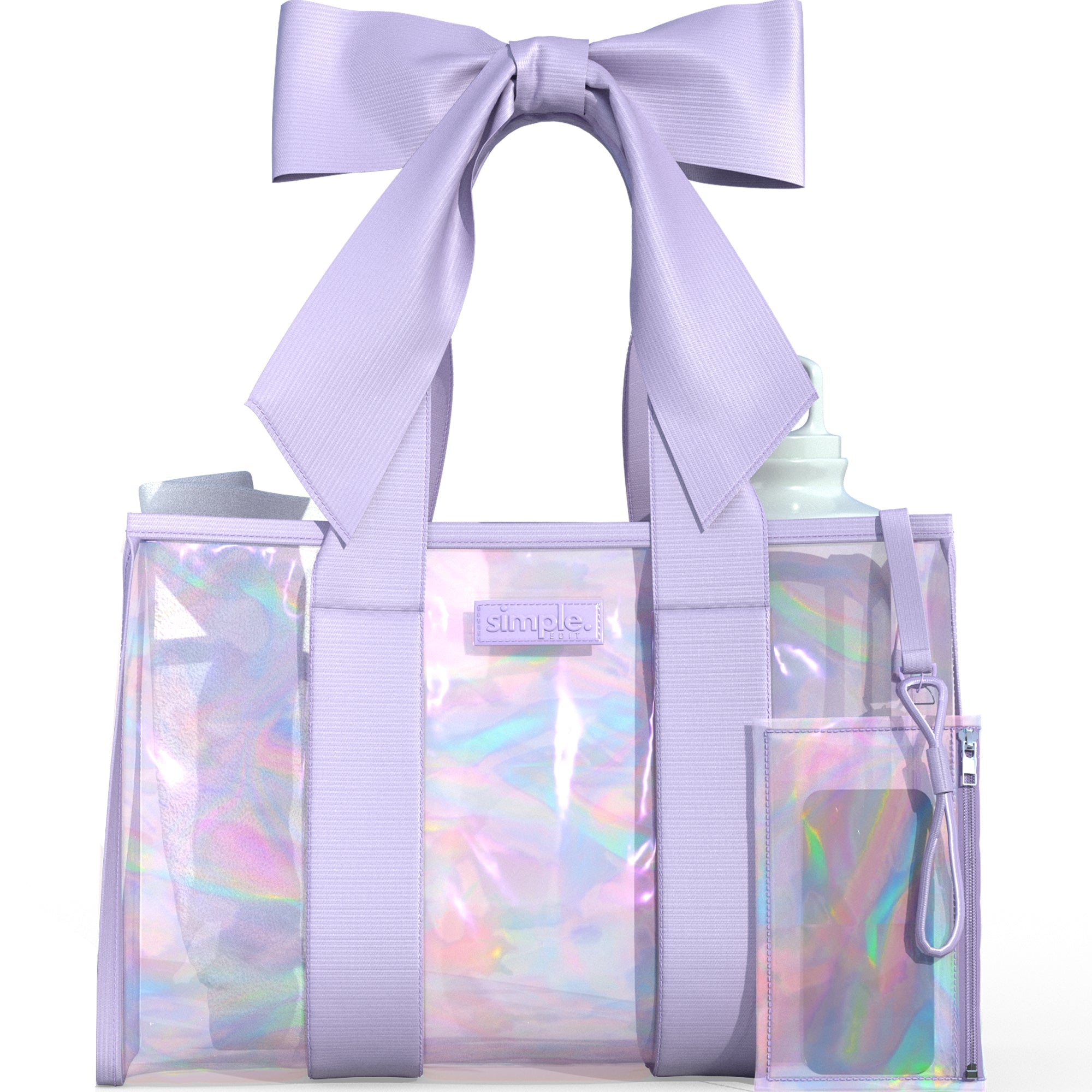 Purple Waterproof Beach Tote Bag with Phone Pouch – Aesthetic Prism Bubble & Bow