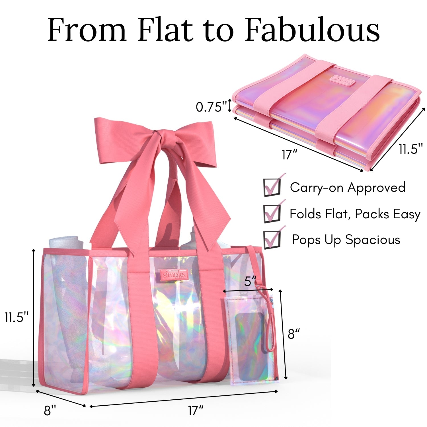 BowMe Prism Pink Tote with Phone Pouch – Lightweight, Waterproof, Tip-Proof, Foldable and Washable Tote Bag for Beach, Pool, Travel and Vacation