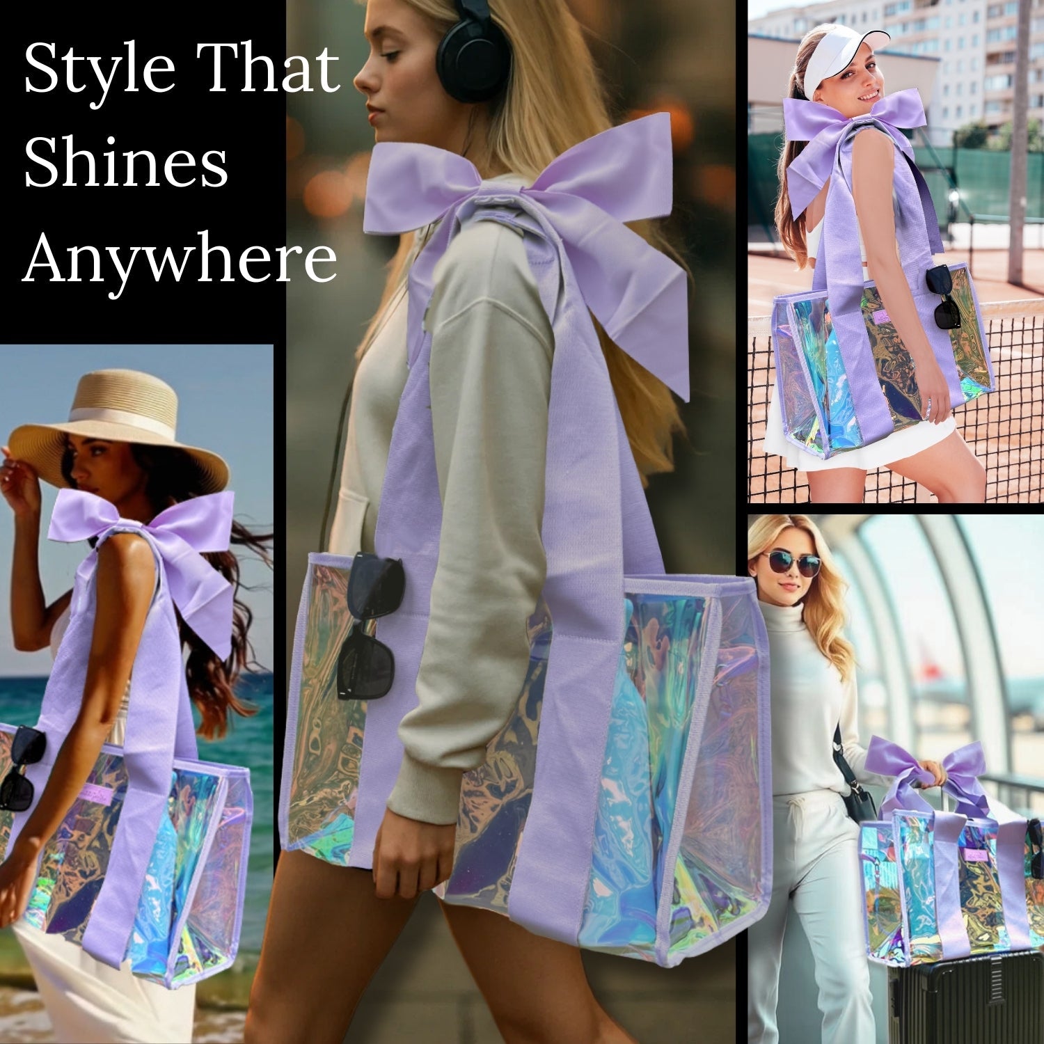 Purple Waterproof Beach Tote Bag with Phone Pouch – Aesthetic Prism Bubble & Bow