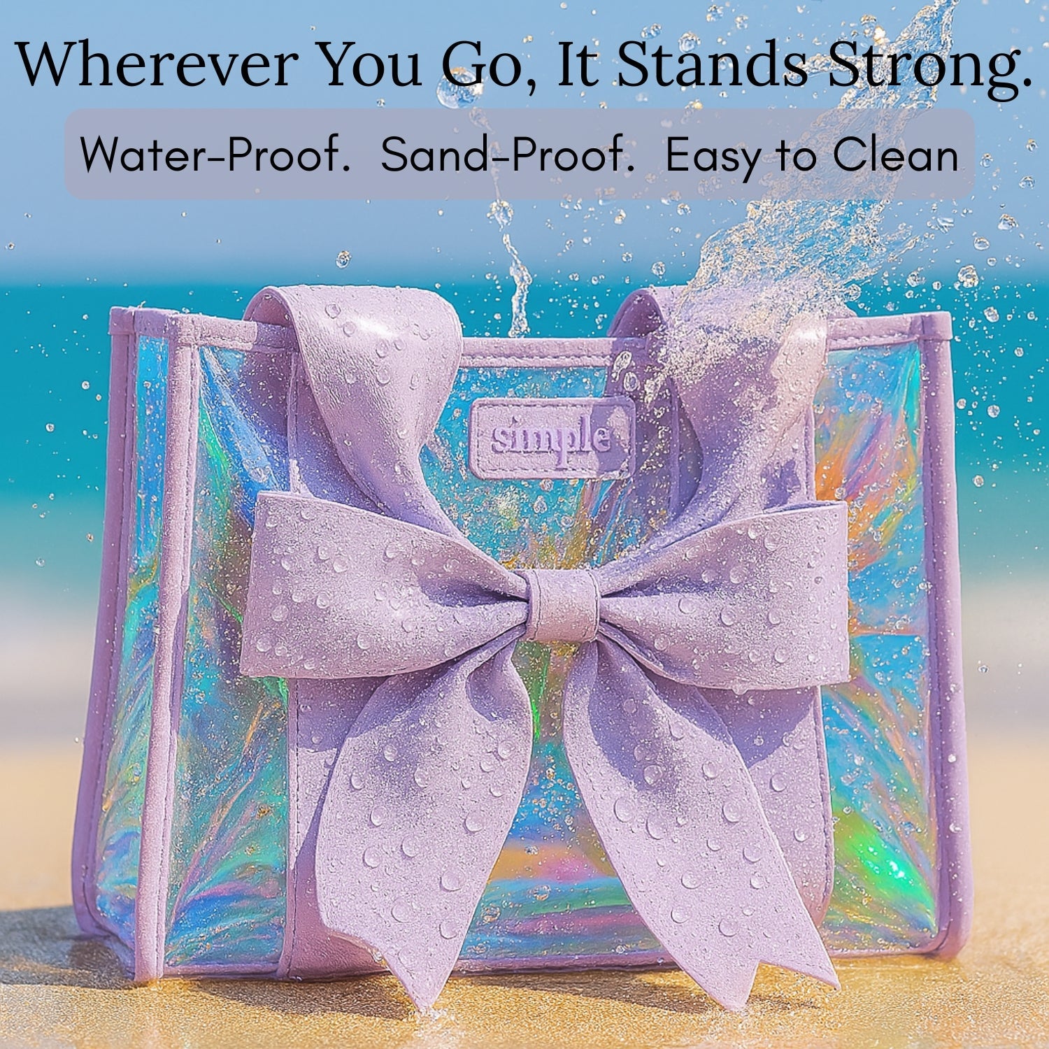 Purple Waterproof Beach Tote Bag with Phone Pouch – Aesthetic Prism Bubble & Bow
