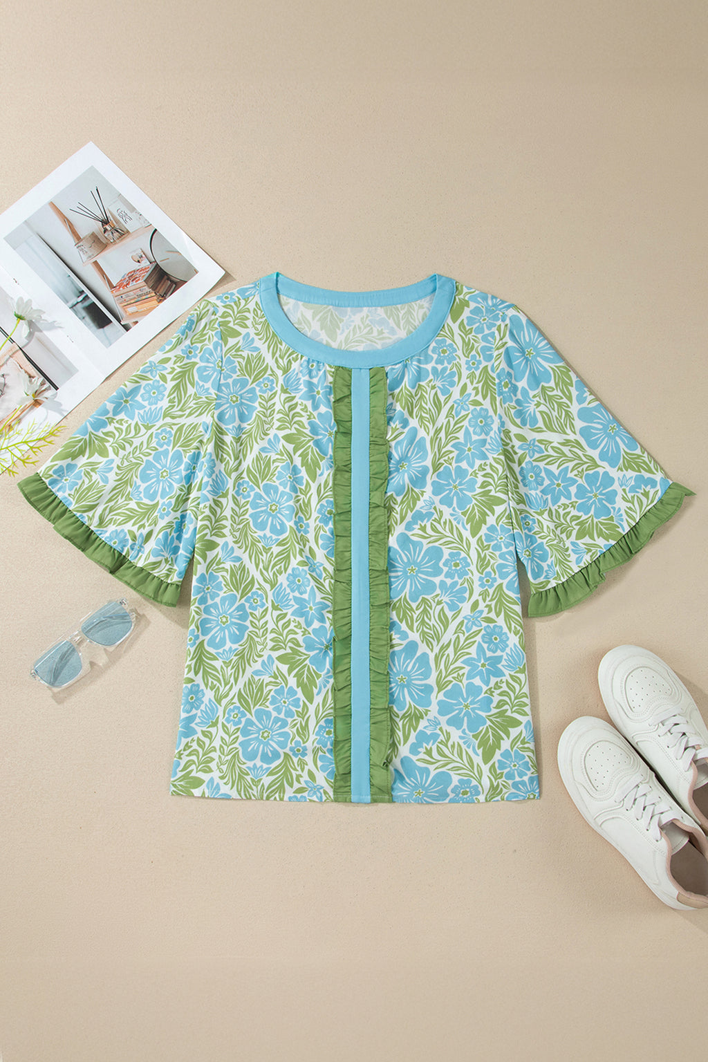 Sky Blue Floral Print Ruffled Color Block Trim Half Sleeve Blouse