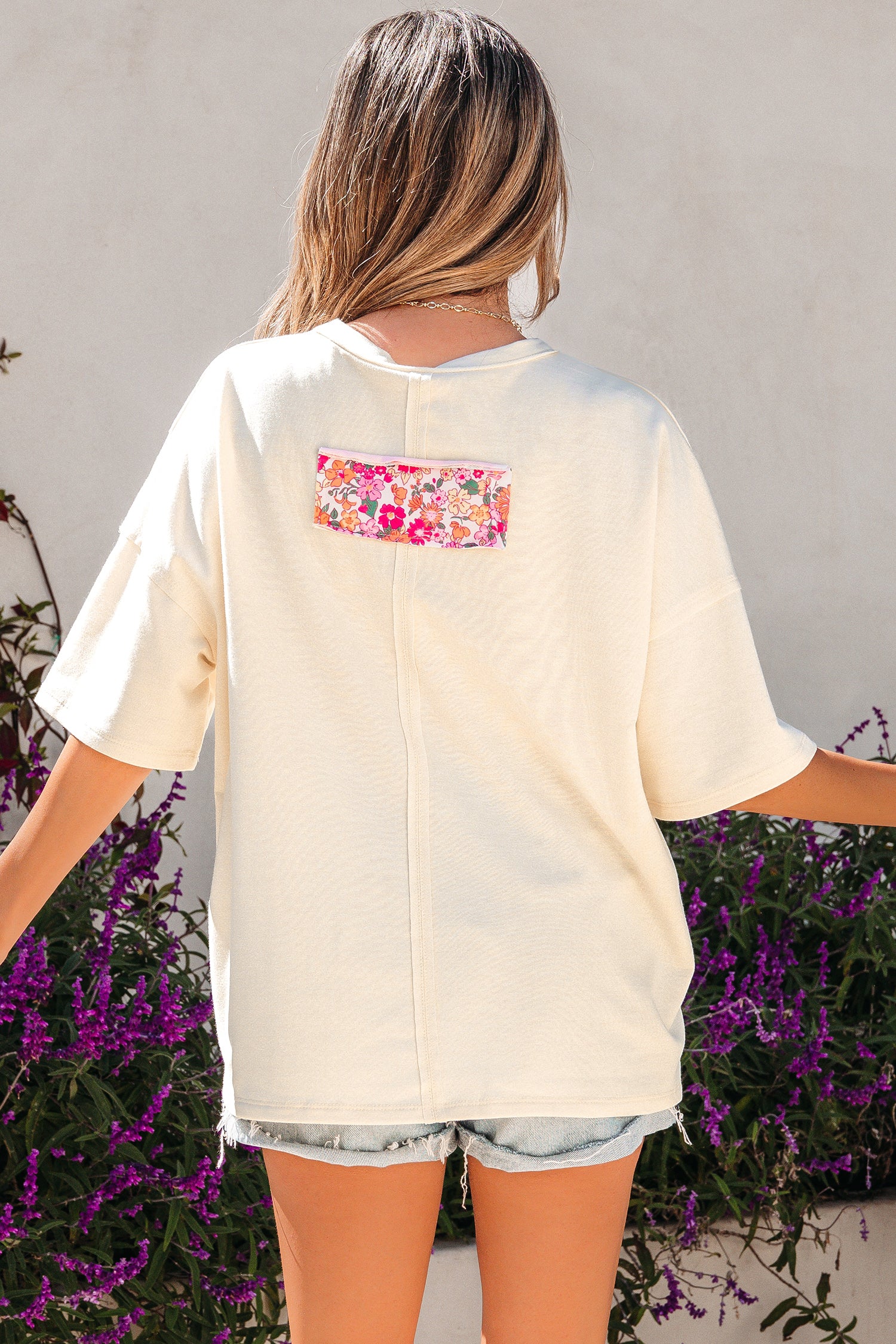 Jet Stream Floral Patched Raw Seam Big Flower Oversize Tee