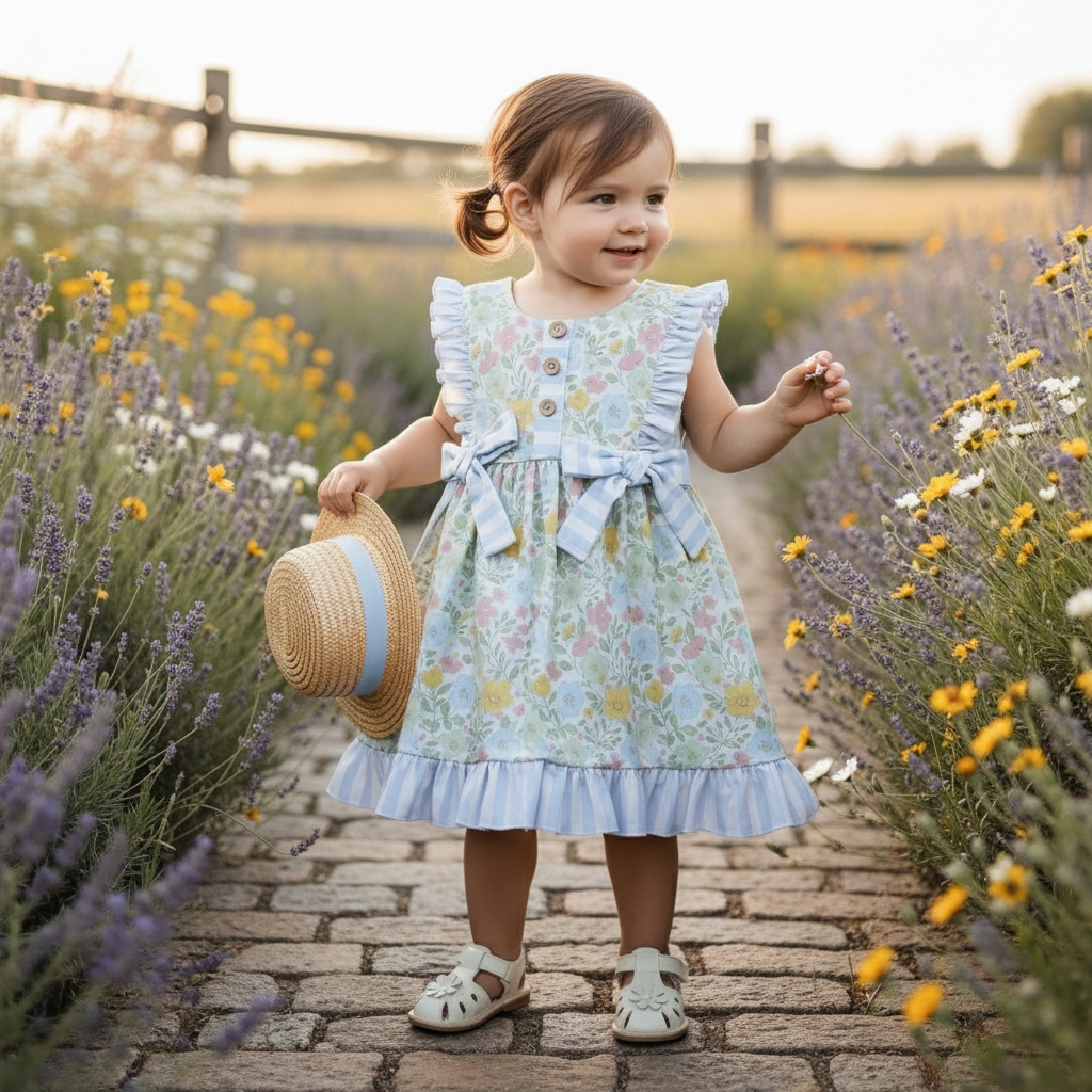 Spring garden Ruffle  floral and stripe dress