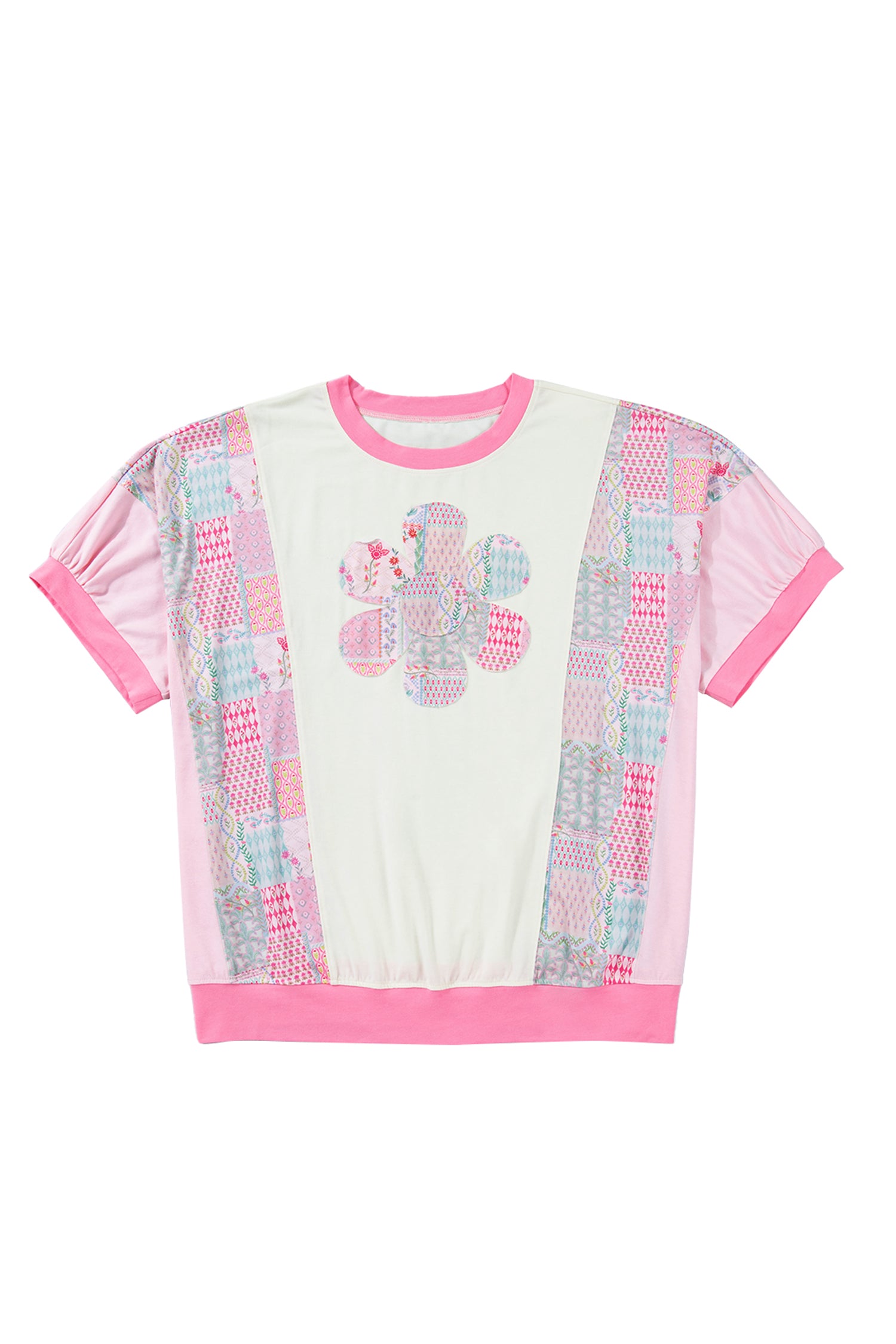 Beige Plus Size Floral Patchwork Short Sleeve Patch Embroidery Cotton T Shirt