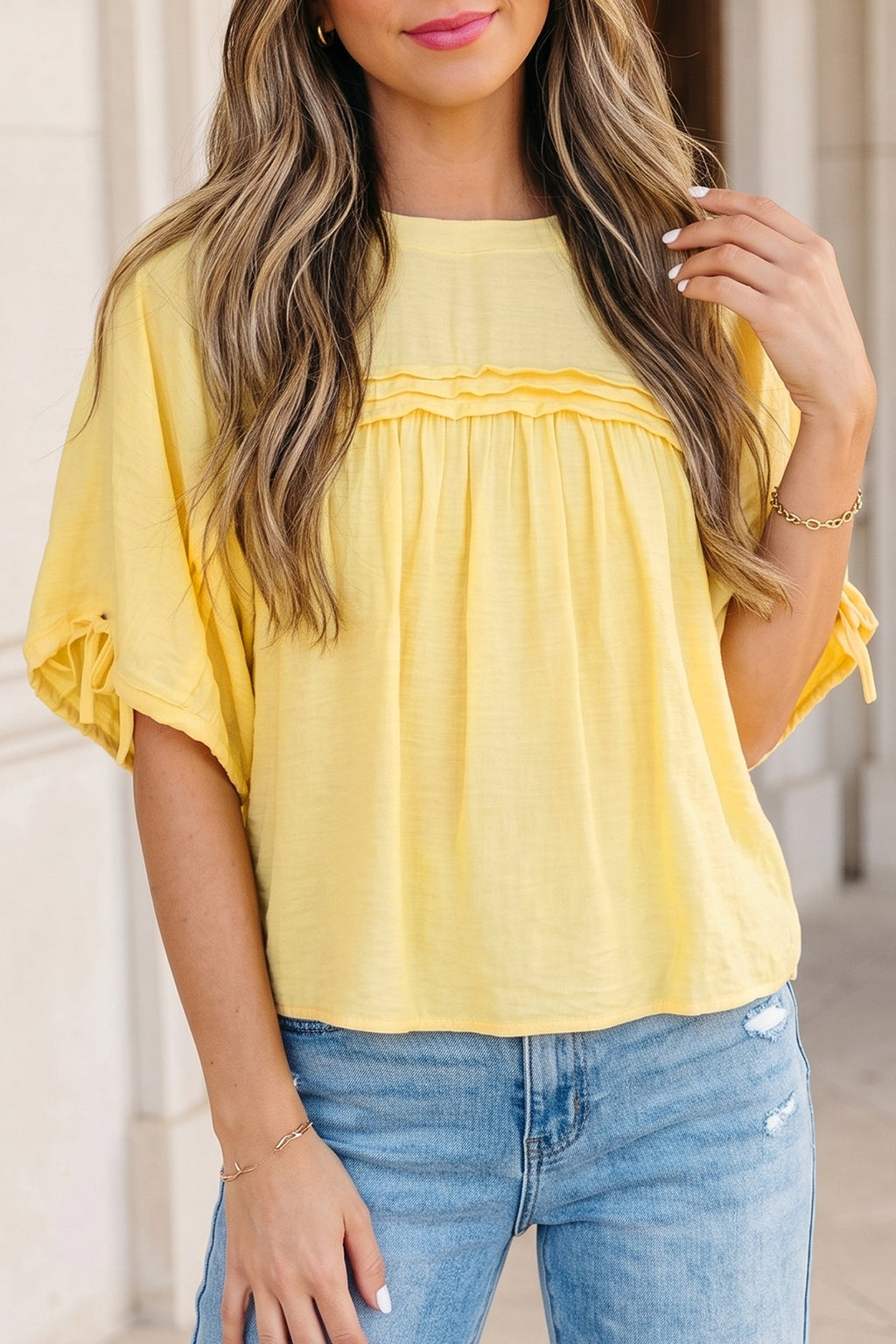 Yellow Cream Tie Half Sleeve Pleated Detail Babydoll Blouse