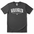 Wrangler University Collegiate Graphic Tee | Premium Bella + Canvas 3001 Western Shirt | Rowdy Rowels Dark Heather Grey Rodeo T-Shirt